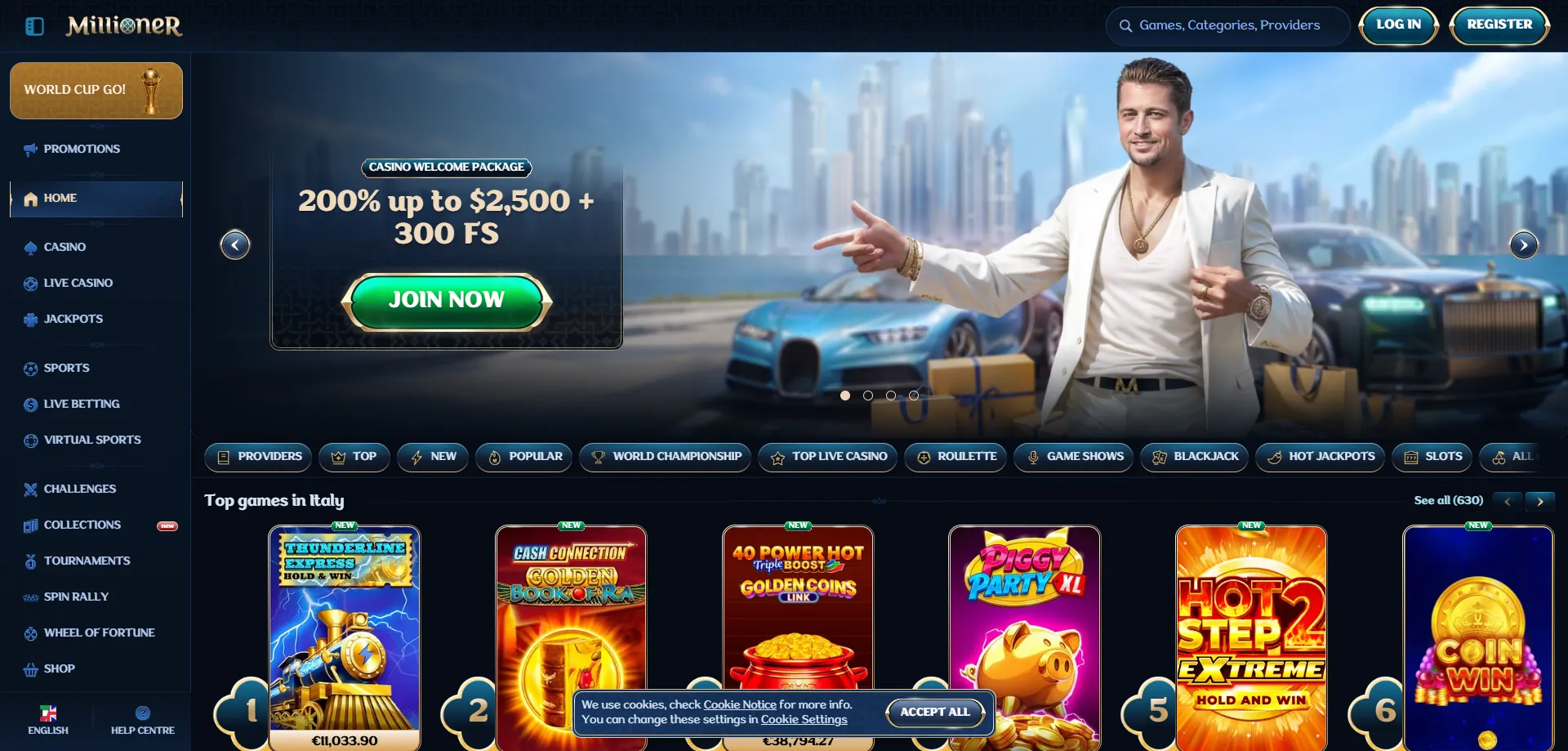 Panoramica della homepage di Millioner Casino Italia 2025