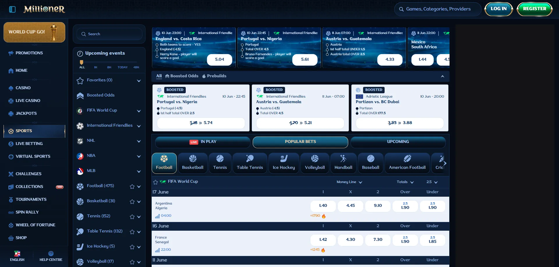 Scommesse sportive live su Millioner Casino calcio tennis basket